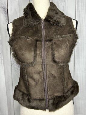 Bebe Faux Fur Suede Vest Womens Sz XS Brown Full Zip Vintage